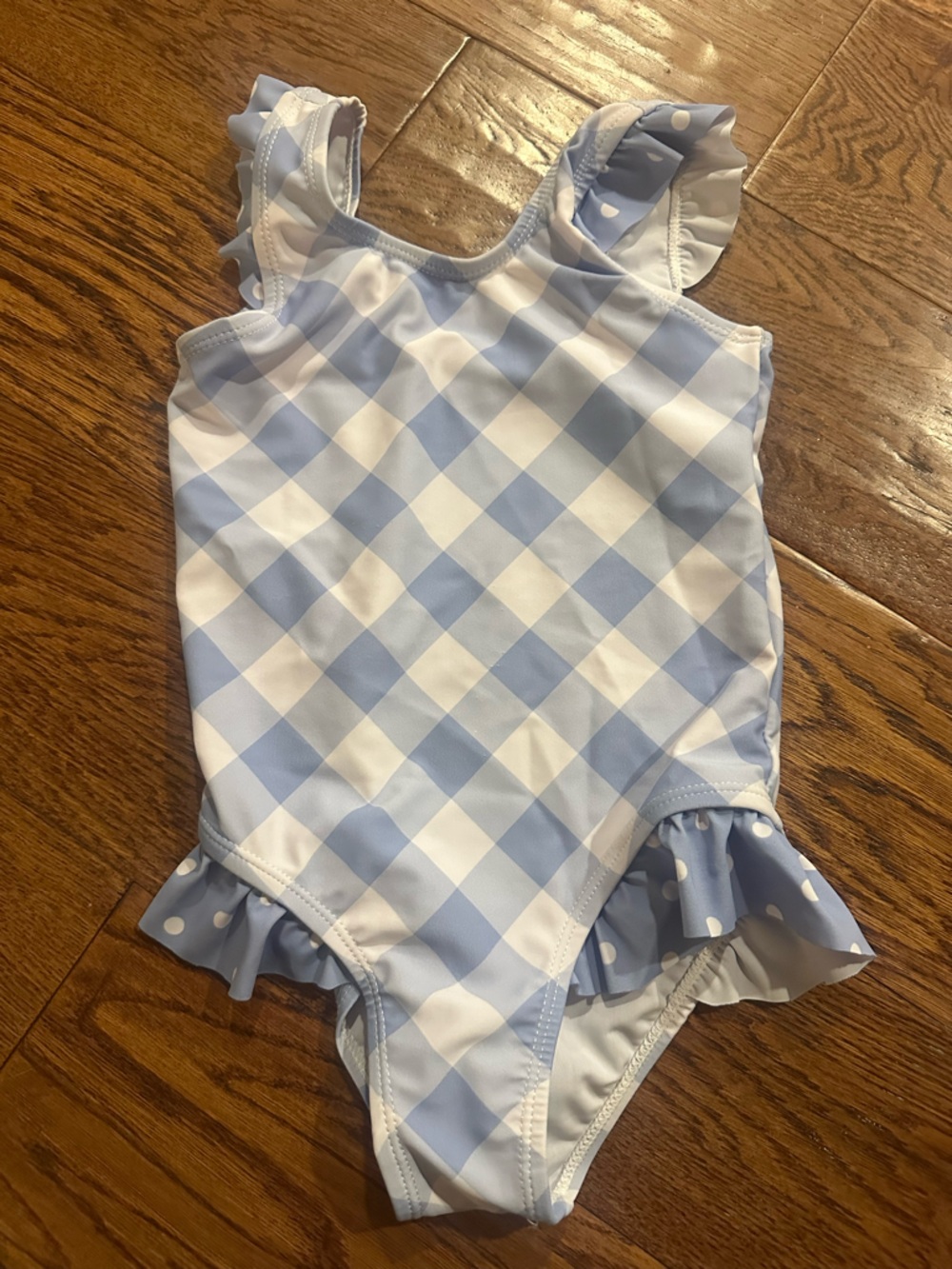 Girls' Light Blue & White Gingham One-Piece Swimsuit with Ruffle Details
